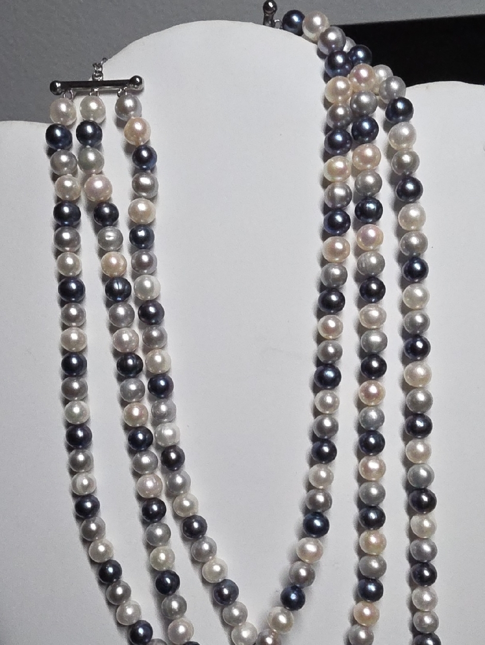 Multi-Strand Freash Water Pearl Necklace - Mixed White, Grey & Peacock
